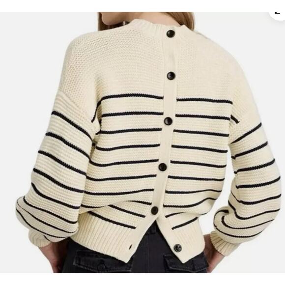 Alex Mill Cream Navy Stripe Button Back Cotton Sweater Reversible Size Medium - Picture 1 of 8